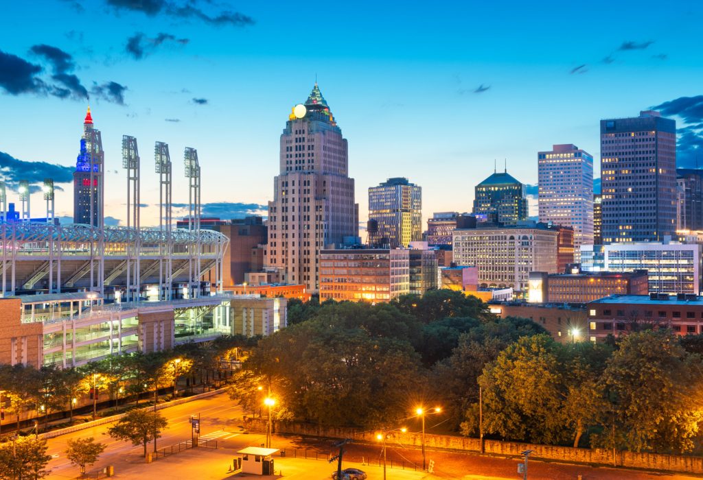 Cleveland, Ohio, USA downtown city skyline in evening.